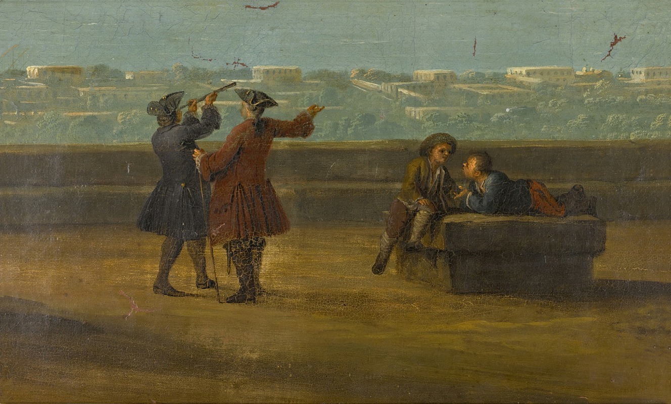 Pietro Fabris - Naples, a view over ‘Il Miglio d’oro’, with figures on a terrace with a telescope