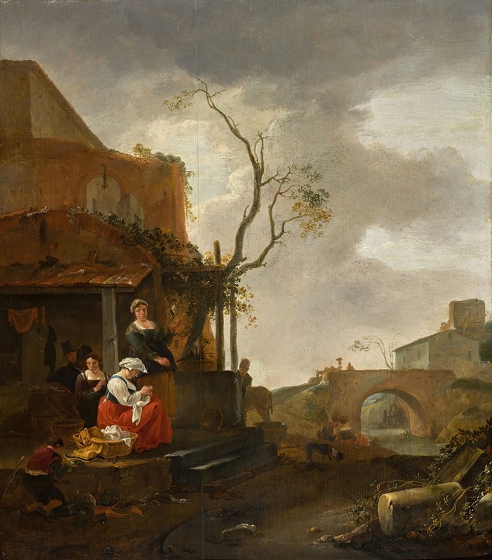 Thomas Wijck - Figures outside a tavern with a woman sewing, travellers on a bridge beyond