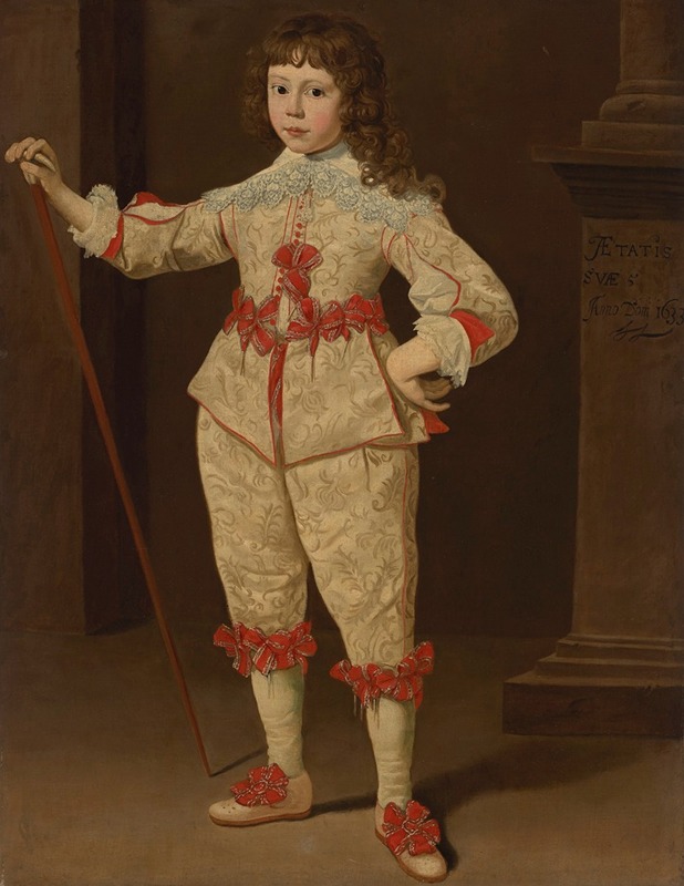 Dutch School - Portrait of a boy with walking stick