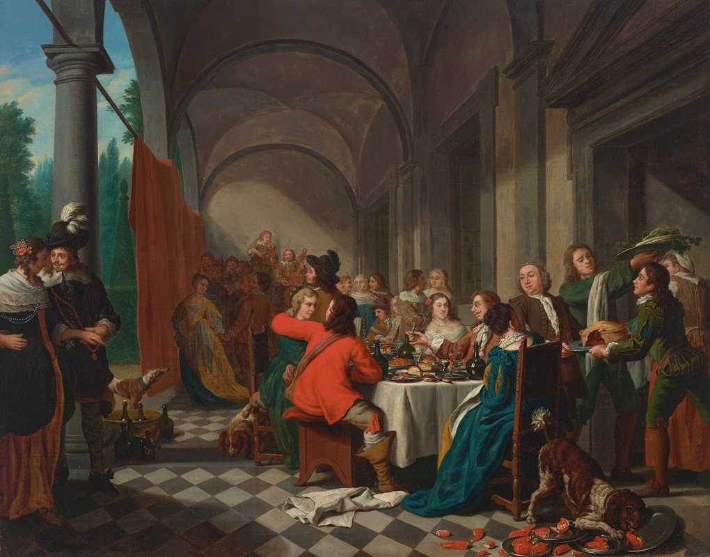 Jan Josef Horemans The Elder - An elegant dinner party in an arcade