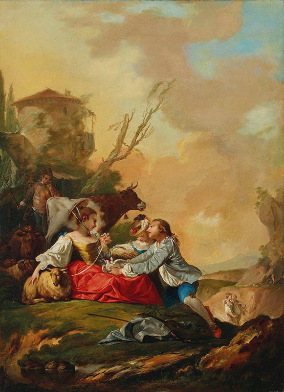 Jean Barbault - A pastoral scene with a boy offering a shepherdess doves in a rocky landscape