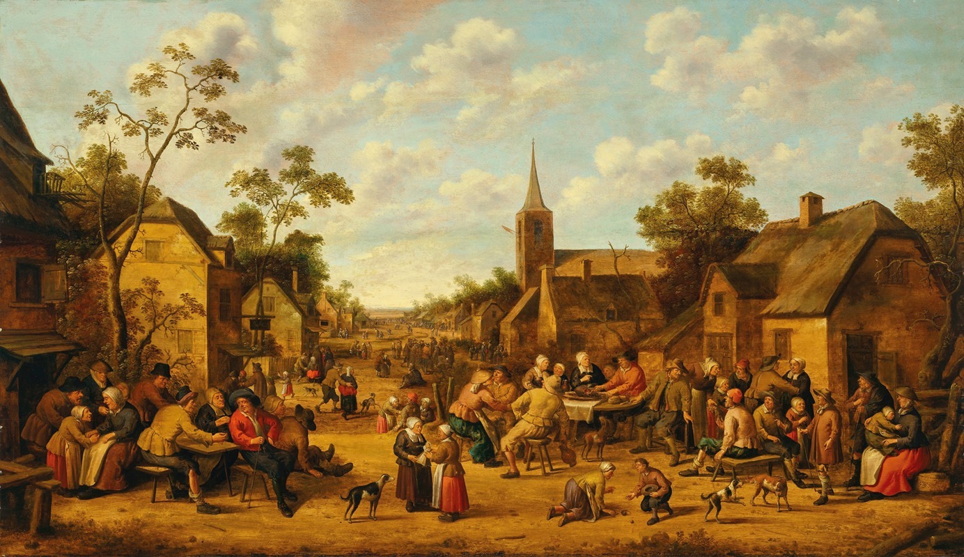 Joost Cornelisz Droochsloot - A village scene with peasants feasting and conversing