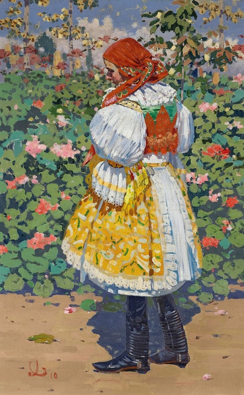 Joža Úprka - Dívka v kroji v zahrade (Girl in Traditional Dress in a Garden)