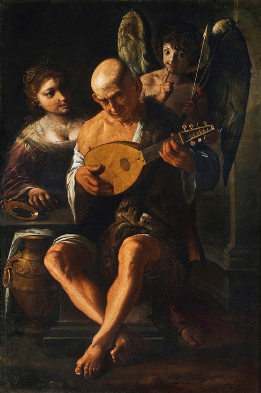 Pietro Paolini - An elderly man playing the guitar with a woman and a putto in attendance
