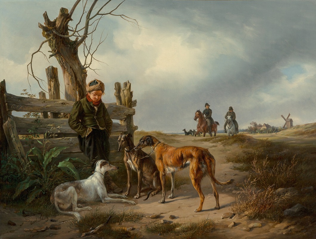 Carl Friedrich Schulz - Young boy resting beside a fence with hunting dogs