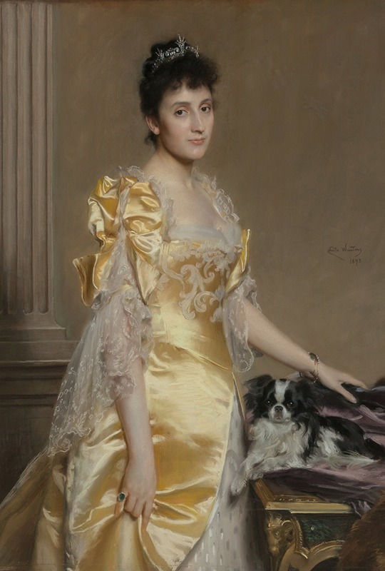 Emile Charles Wauters - Portrait of an elegant woman with a Papillon spaniel