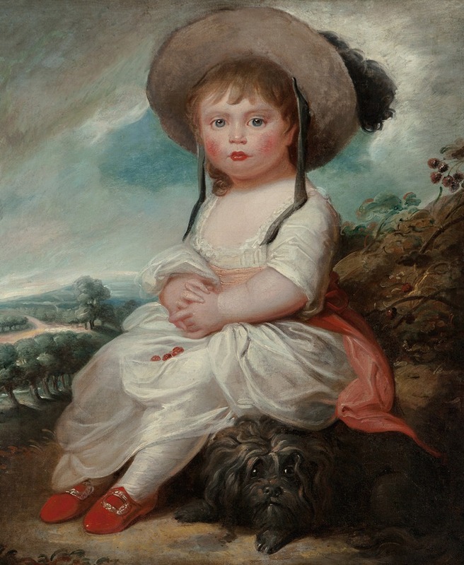 English School - A portrait of a young girl, seated in a landscape with her pet dog, thought to be the Honorable Mary Legge