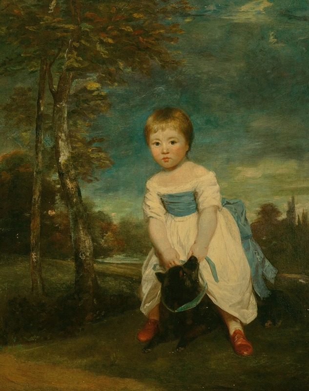 Sir Joshua Reynolds - Portrait of Master William Cavendish, standing astride a black dog, in a landscape