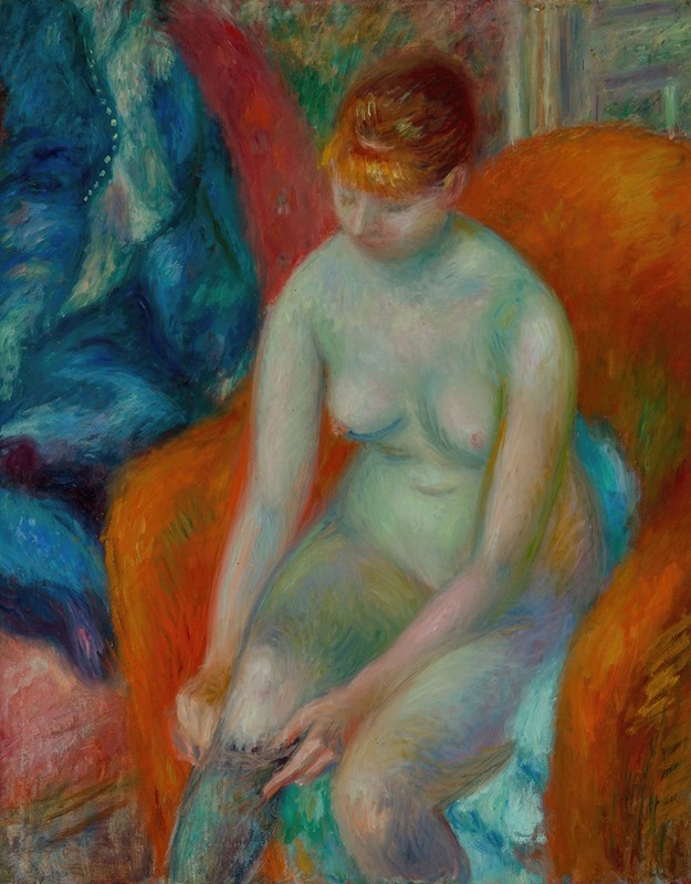 William James Glackens - Nude Pulling On Stocking (Nude With Red Hair)