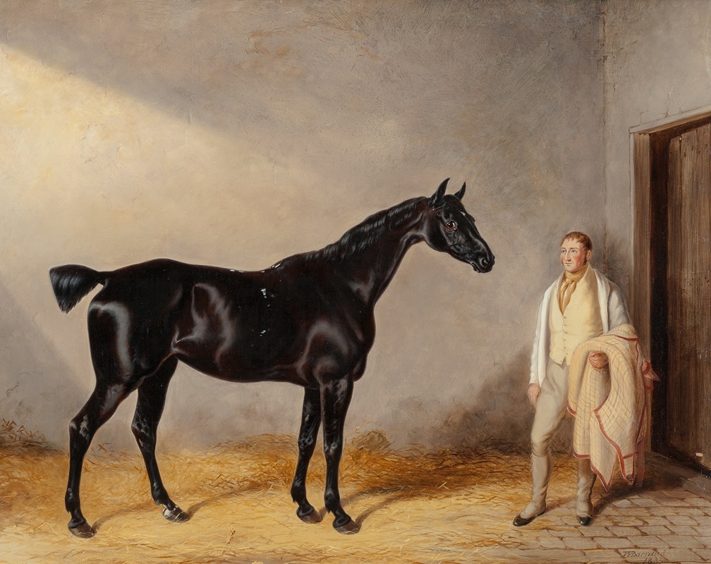 William Barraud - A dark bay hunter with a groom in a stable