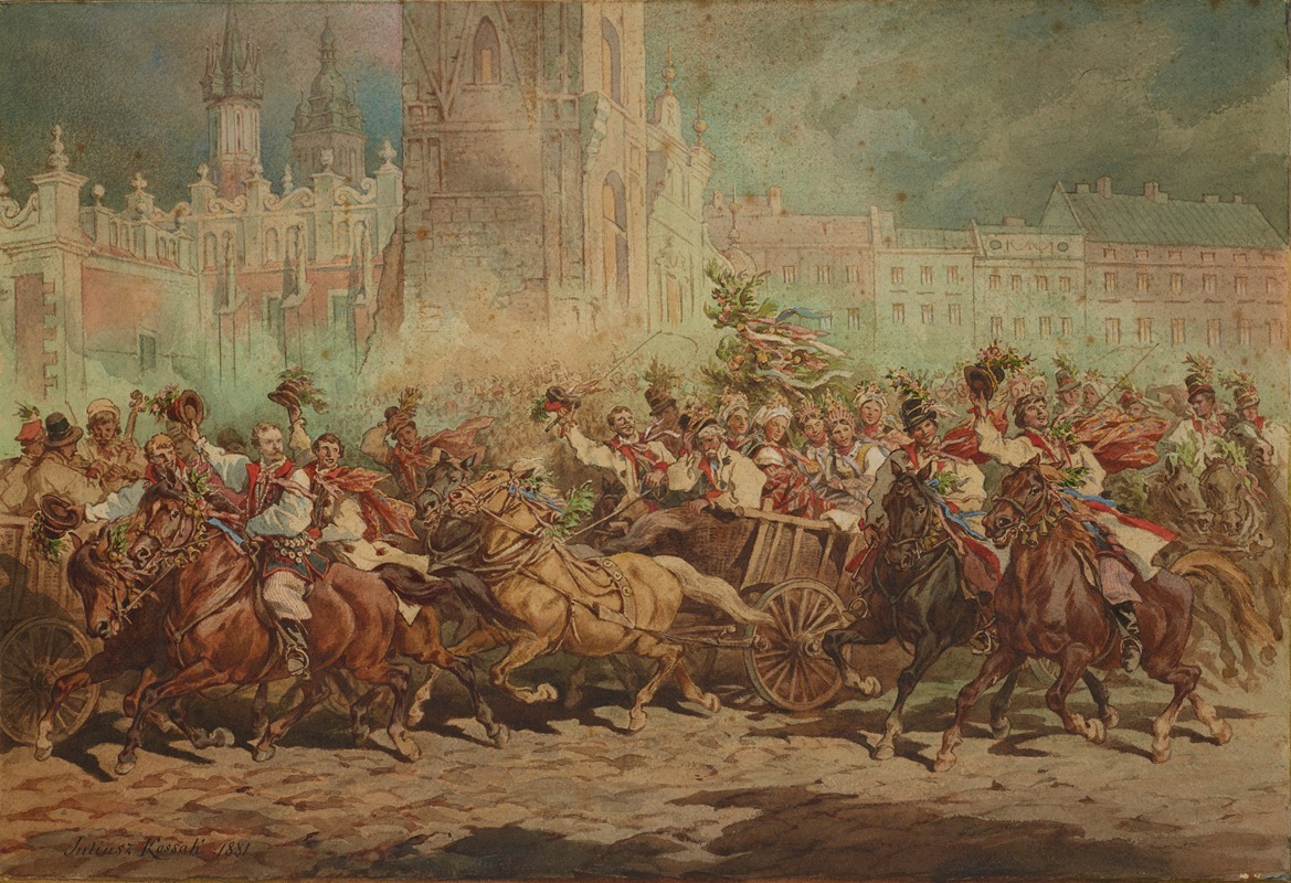 Juliusz Kossak - Krakow Wedding Procession Riding in Front of the Emperor on the Main Market Square in Krakow