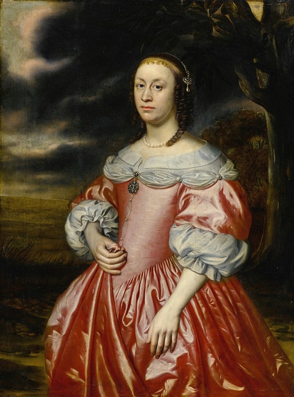 Dutch School - Portrait of a lady in a pink dress