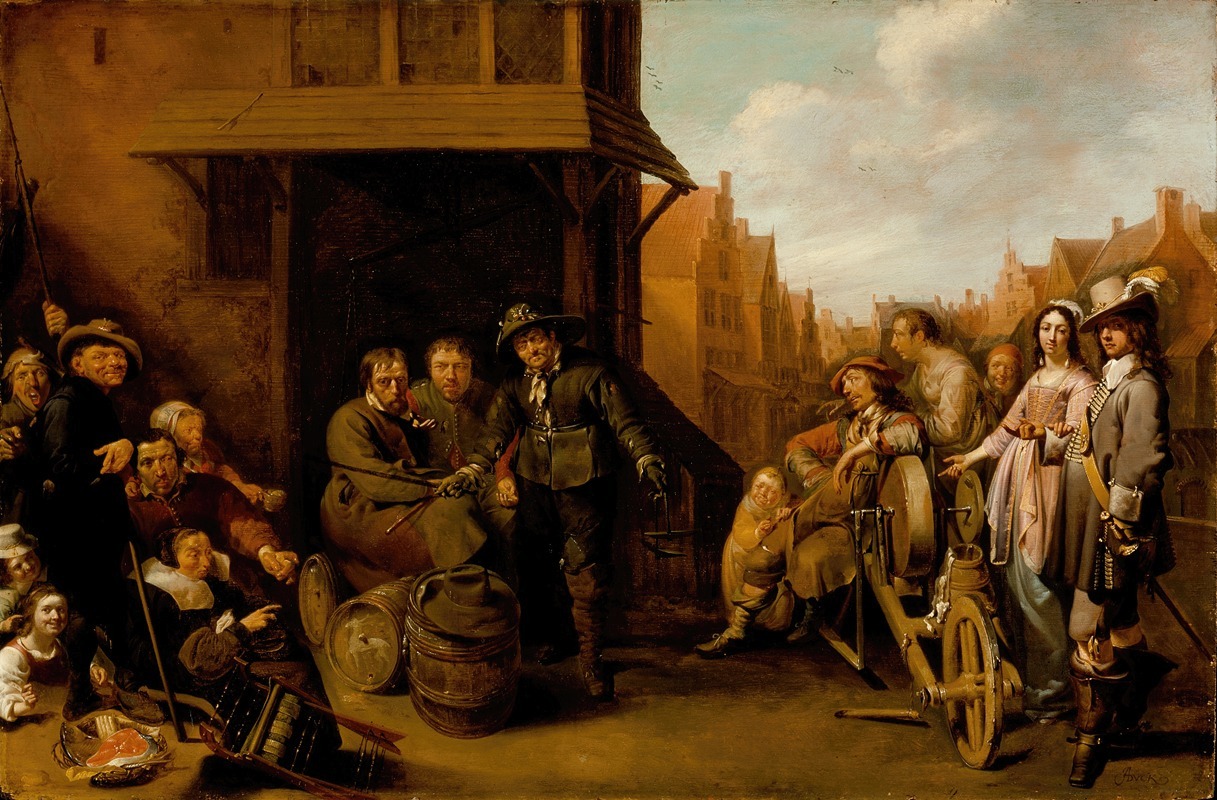 Jacob Duck - A Street Scene with Knife Grinder and Elegant Couple