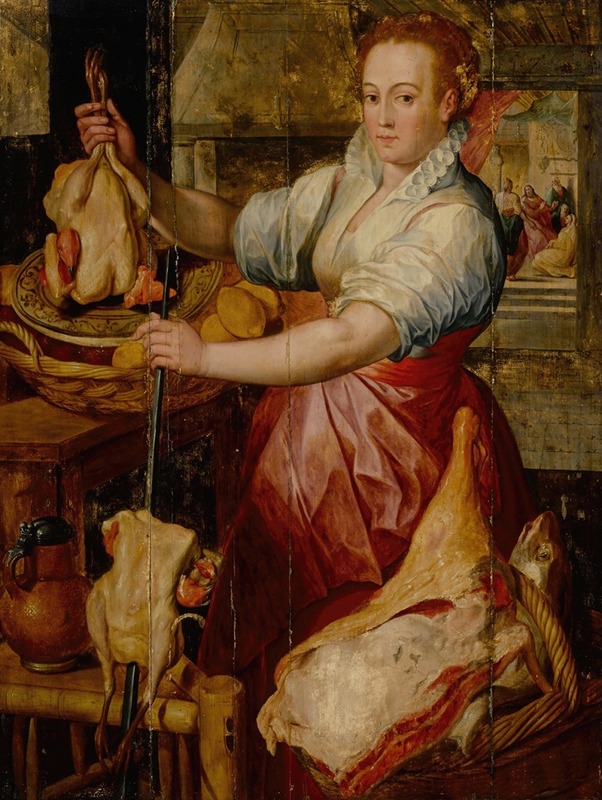 Workshop of Joachim Beuckelaer - Kitchen maid preparing meat with Christ in the House of Mary and Martha beyond