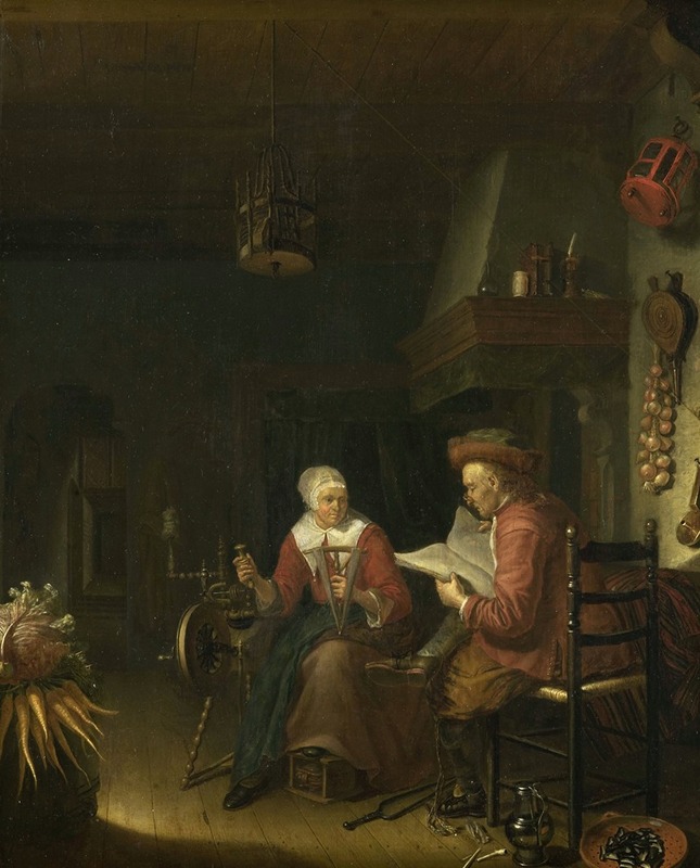 Domenicus van Tol - Interior with a man reading and a woman spinning yarn