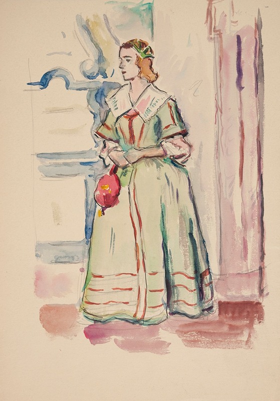 Ivan Ivanec - Studium postaci młodej kobiety (aktorki) w stroju historycznym stojącej w Przedpokoju sali Stołowej Pałacu w Podhorcach