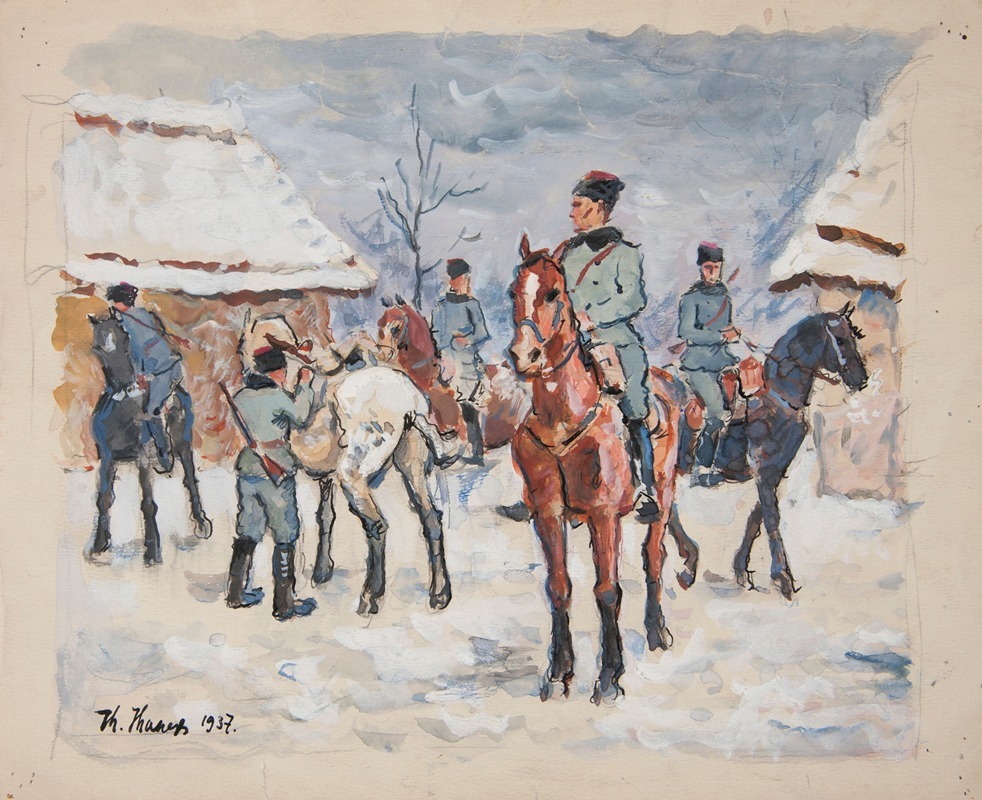 Ivan Ivanec - Żołnierze na koniach w zaśnieżonej wiosce