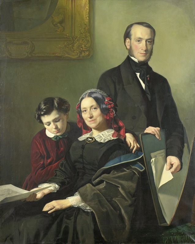 Jacob Spoel - Mevrouw A.J. Schmidt-Keiser, weduwe van de schilder Willem Hendrik Schmidt (1809-49), de leermeester van Jacob Spoel, met haar broer J.N. Keiser en haar tienjarig zoontj