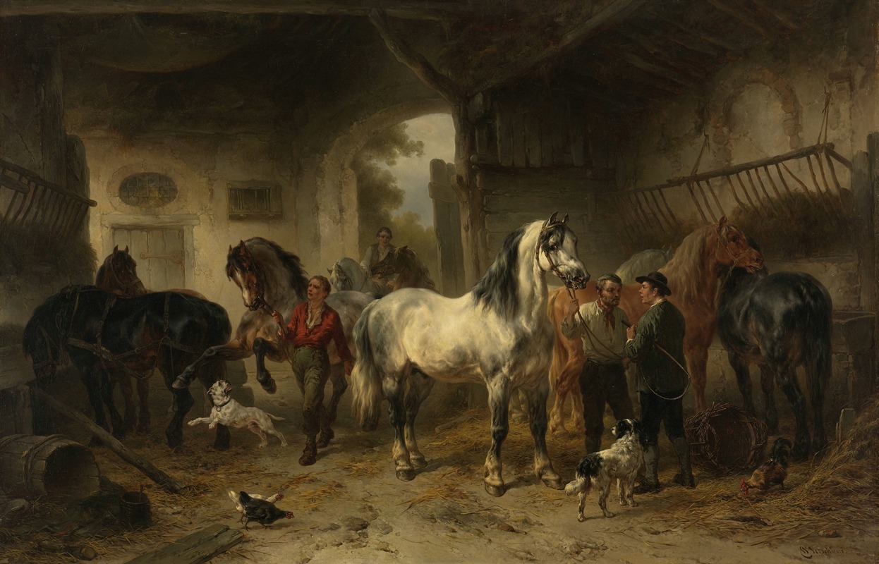 Wouterus Verschuur - Interieur van een stal met paarden en figuren