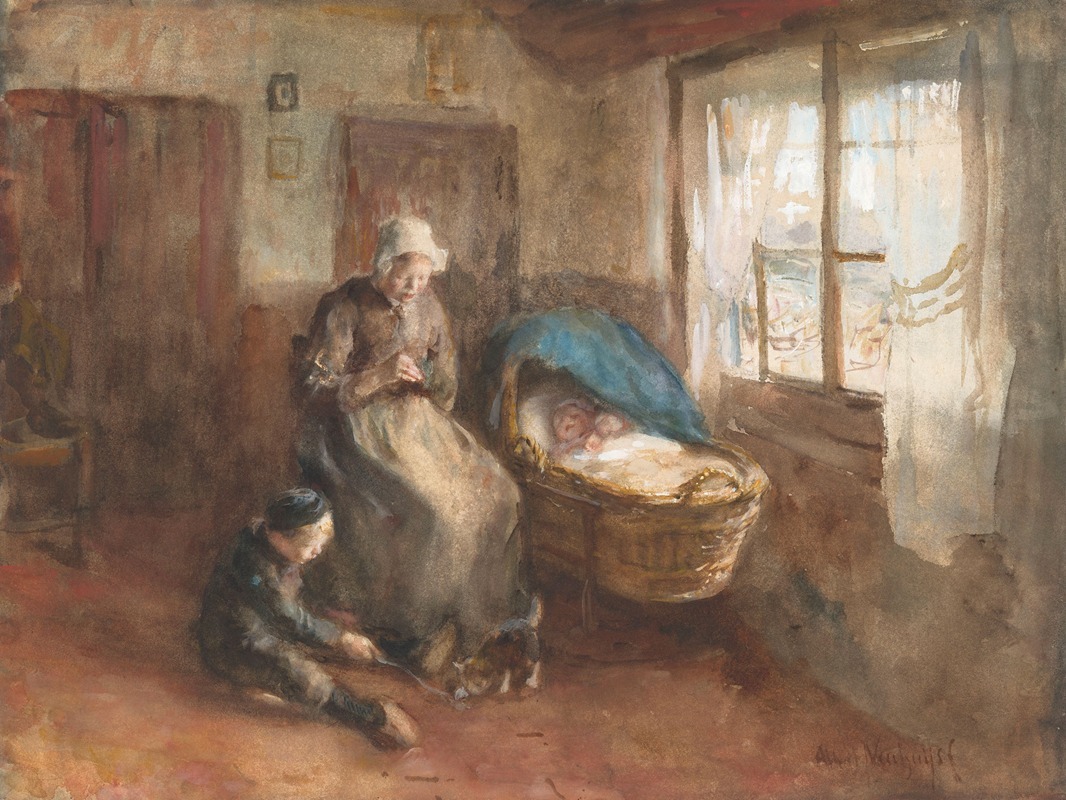 Albert Neuhuys - Interieur met een vrouw bij een wieg en een jongetje op de grond
