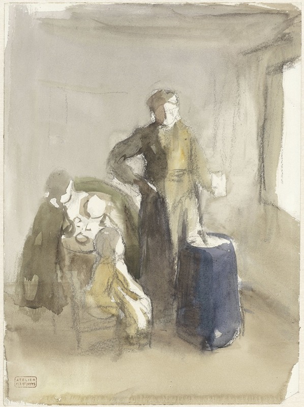 Albert Neuhuys - Interieur met vrouw en kinderen bij een karnton