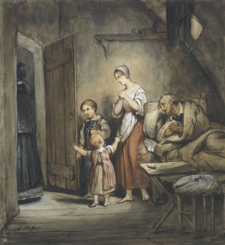 Ary Scheffer - Zieke man in bed met naast hem een vrouw en twee kinderen