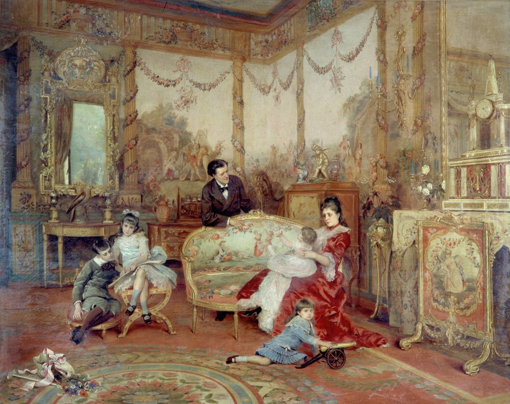 Auguste de La Brély - Portrait de Victorien Sardou (1831-1908), de sa femme et de ses enfants dans le grand salon de leur maison de Marly-le-Roi