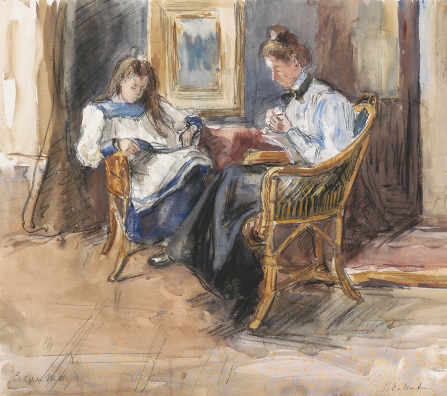 Barbara Elisabeth van Houten - Handwerkende dame en lezend meisje in rieten stoelen gezeten, in het huis aan de Riouwstraat 6, te Den Haag