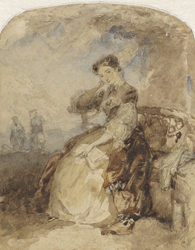 Charles Rochussen - Dame zittend op een bankje onder een boom, met een boek in de hand