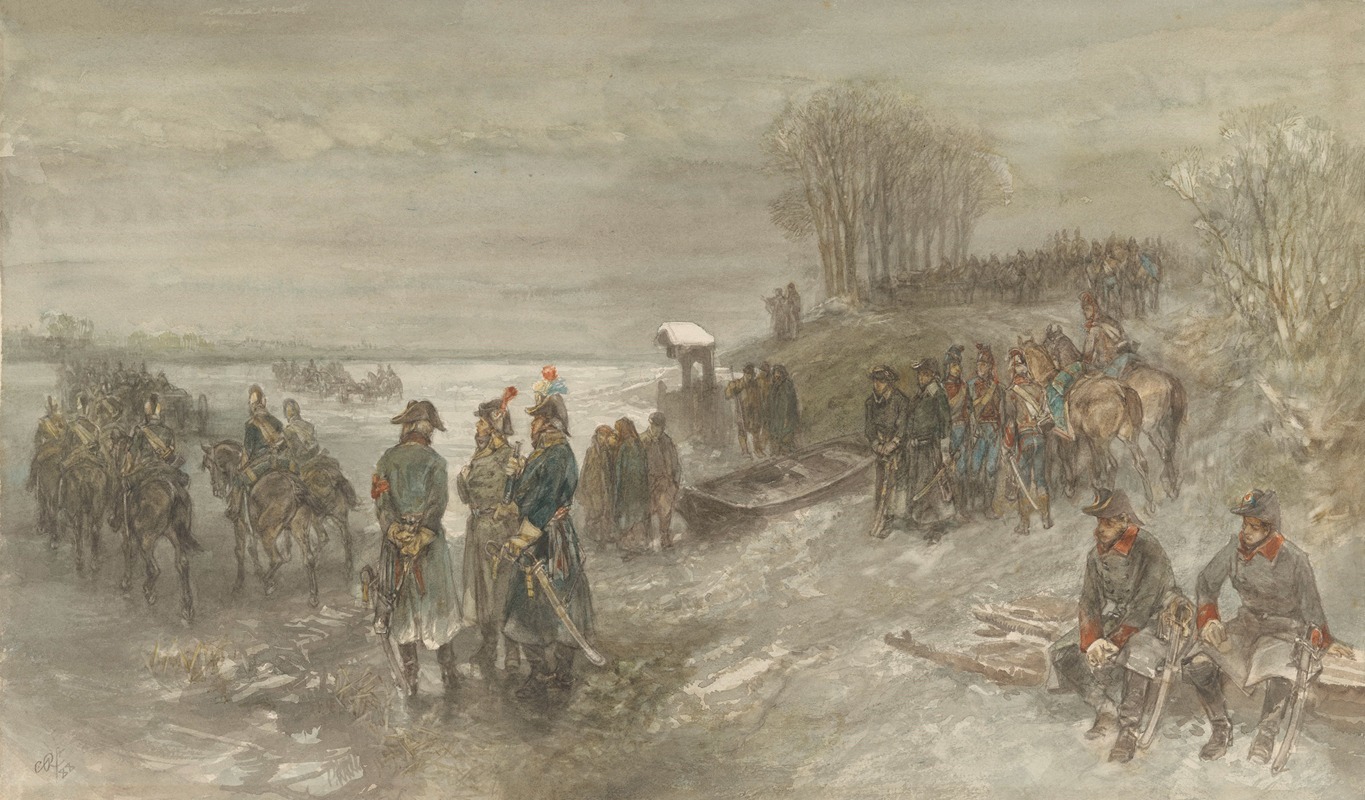 Charles Rochussen - Franse troepen trekken over een bevroren rivier