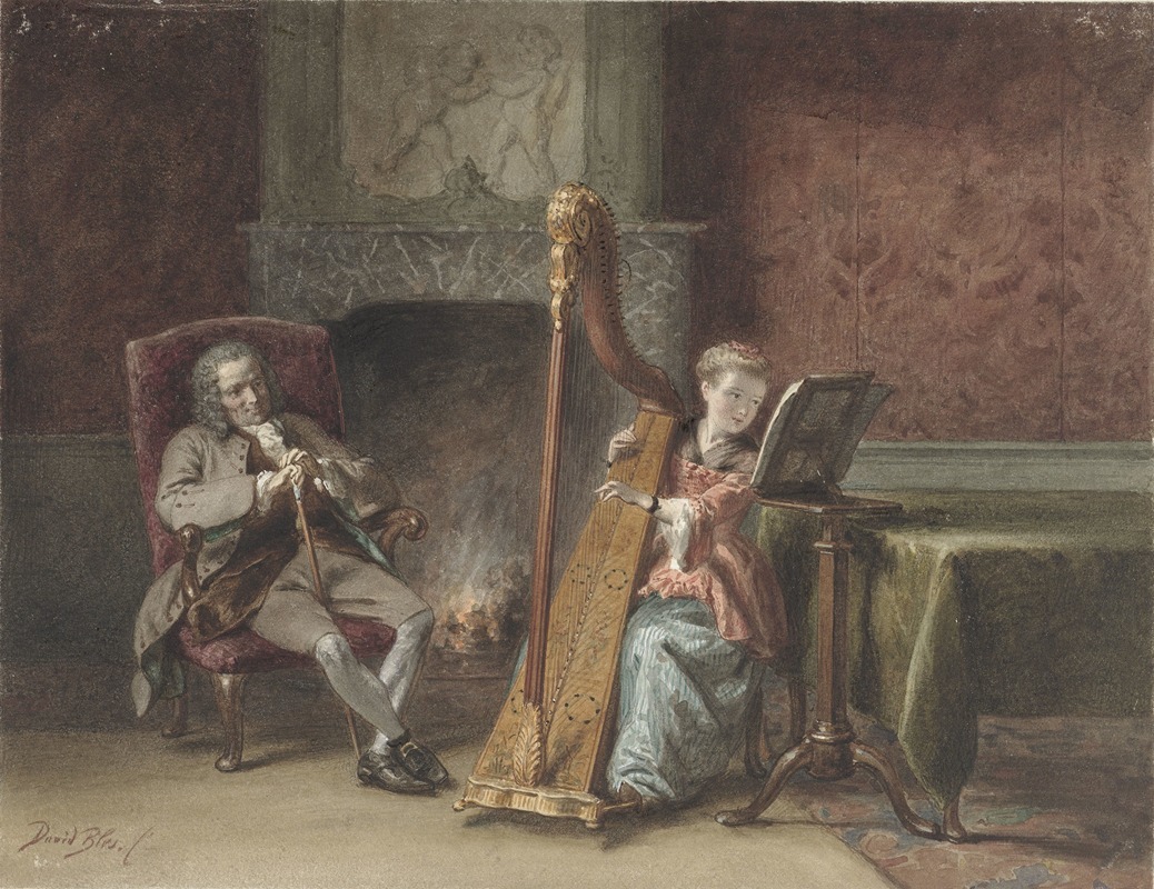 David Bles - Interieur met meisje dat harp speelt en een heer in een stoel die toekijkt