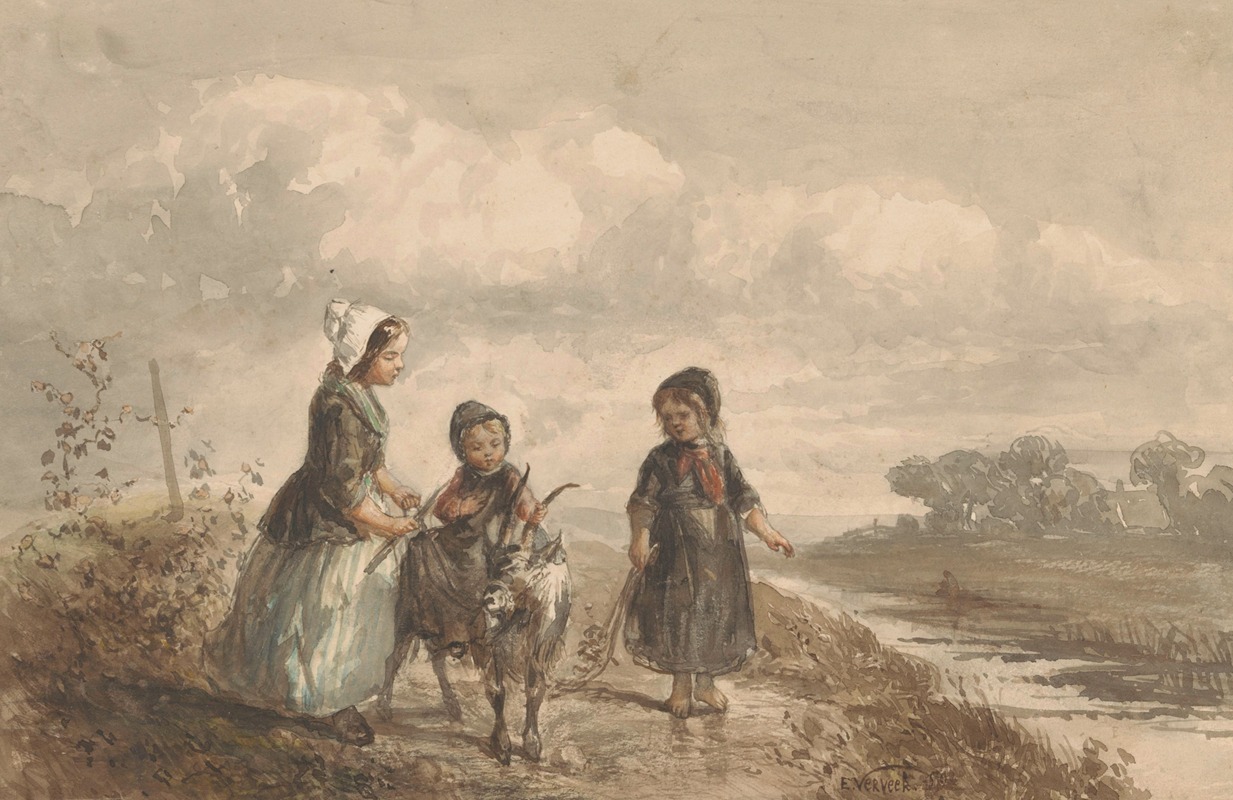 Elchanon Verveer - Drie jonge kinderen in een landschap