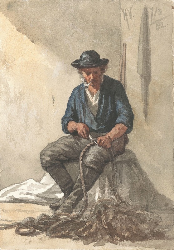 Hendrik Valkenburg - Zittende visser werkend aan een touw