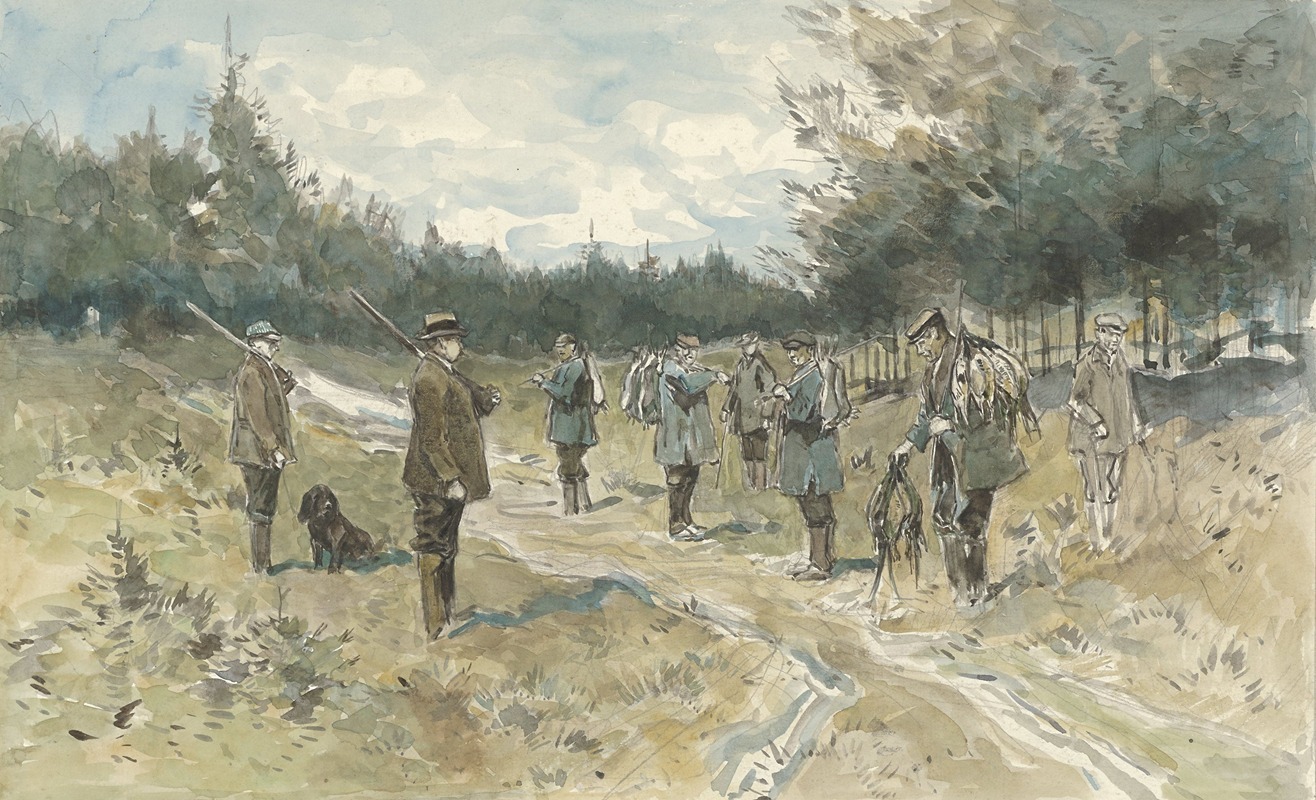 Jan van Essen - Landschap met groep jagers na de jacht op de Leusderhei