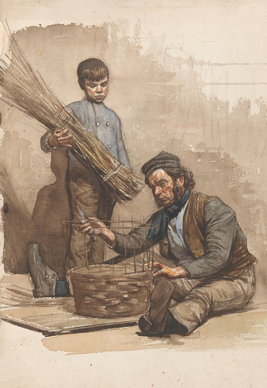 Jan Veth - Zittende mandenvlechter met staand jongetje