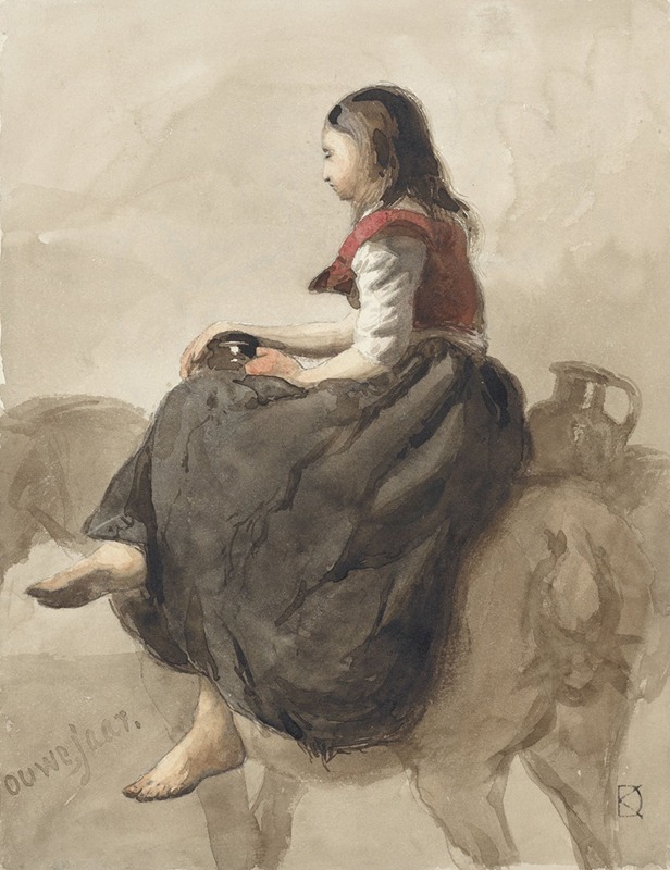 Johan Daniël Koelman - Zittende vrouw op een paard met twee kannen