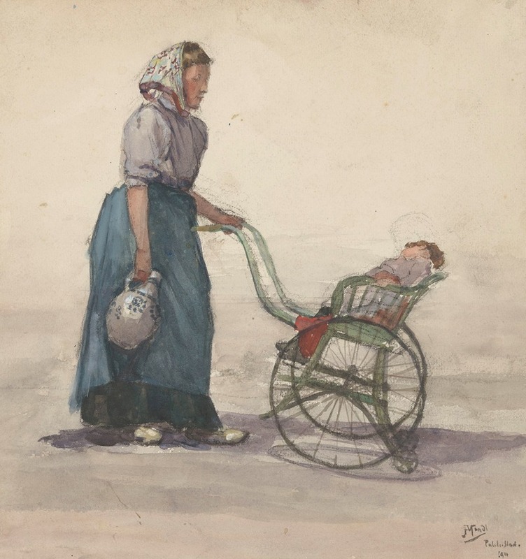 Johannes Abraham Mondt - Vrouw met kruik en kinderwagen, naar rechts