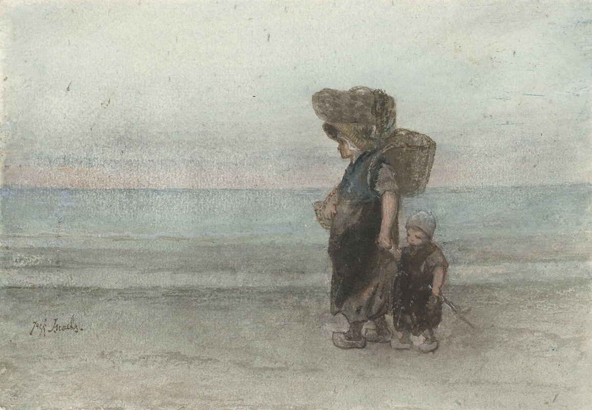 Jozef Israëls - Vrouw met kind, lopend over het strand