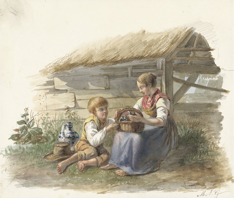 Maximilienne Guyon - Meisje en jongetje met een mandje jonge vogels