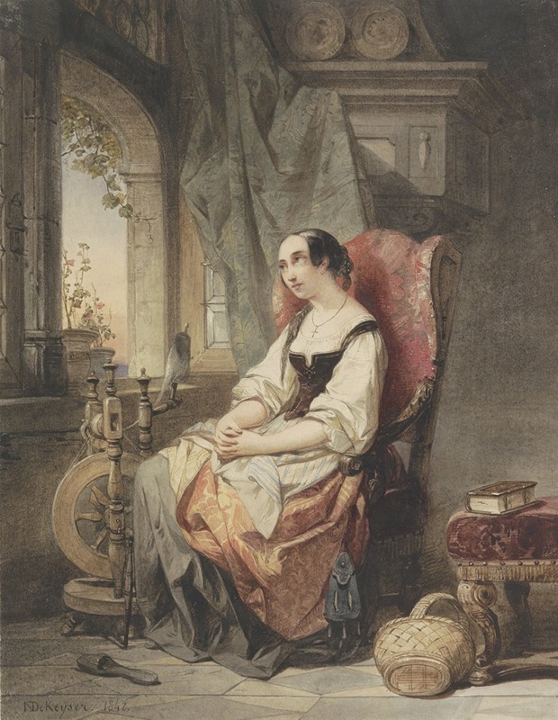 Nicaise De Keyser - Greteken bij het spinrokken, zittend bij een open raam