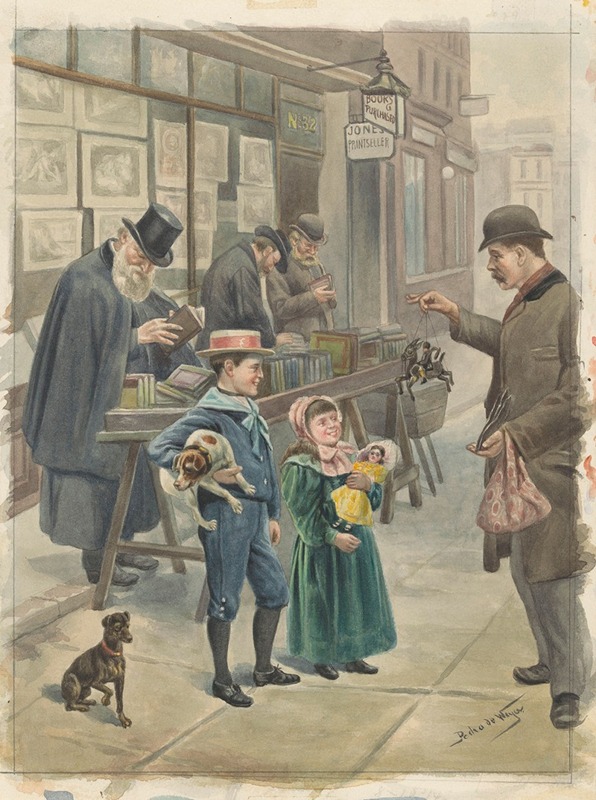 Pedro de Weyer - Man laat twee kinderen speelgoed zien op de stoep van een prenthandel
