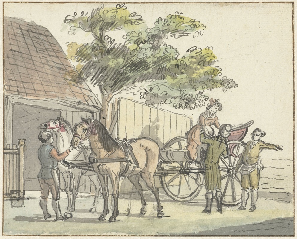 Reinier Vinkeles - Wagen met twee paarden bij de uitspanning De Donkere Kuil bij Haarlem