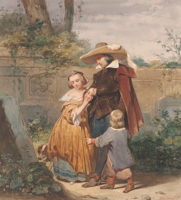Willem Hendrik Schmidt - Een vader met twee kinderen bij het graf van de moeder