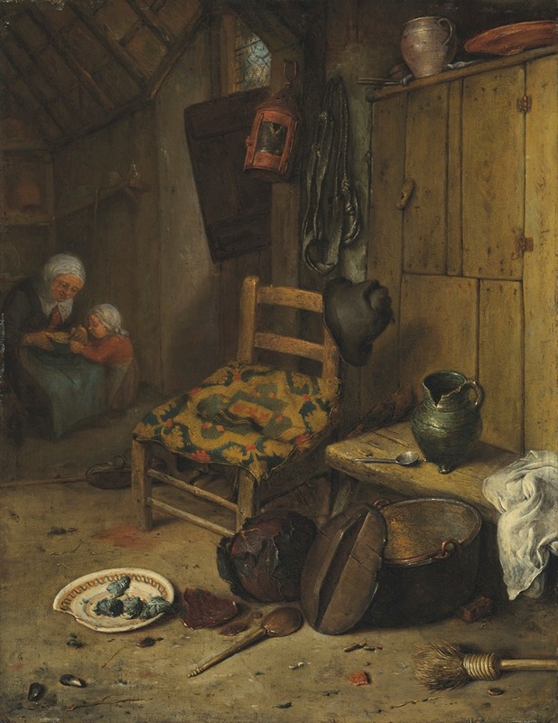 Adriaen van Ostade - A kitchen interior with a mother and child