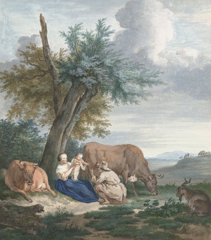 Aert Schouman - Boerin en boer met kind in een landschap met vee