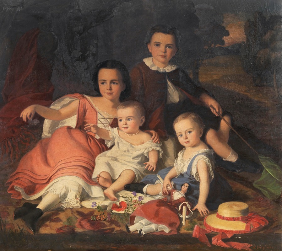 Alajos Györgyi Giergl - A Group Portrait with Four Children in a Landscape
