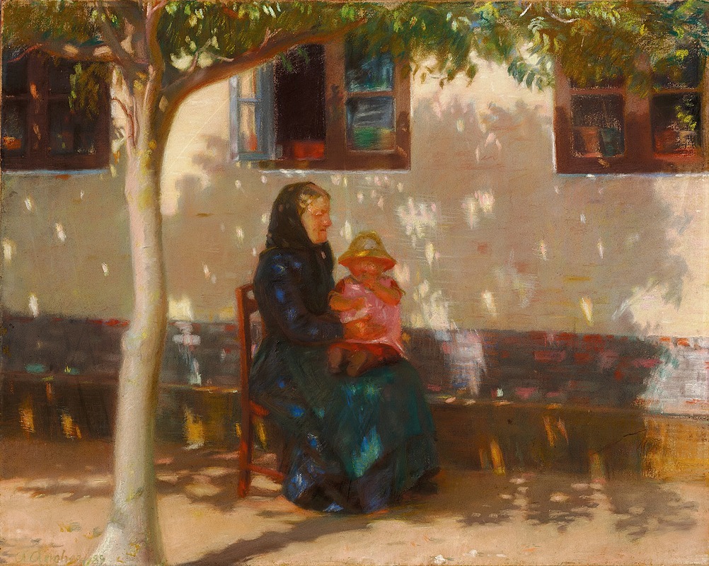 Anna Ancher - Skagenskone med den lille Helga Ancher på skødet i solskin foran et hvidkalket hus
