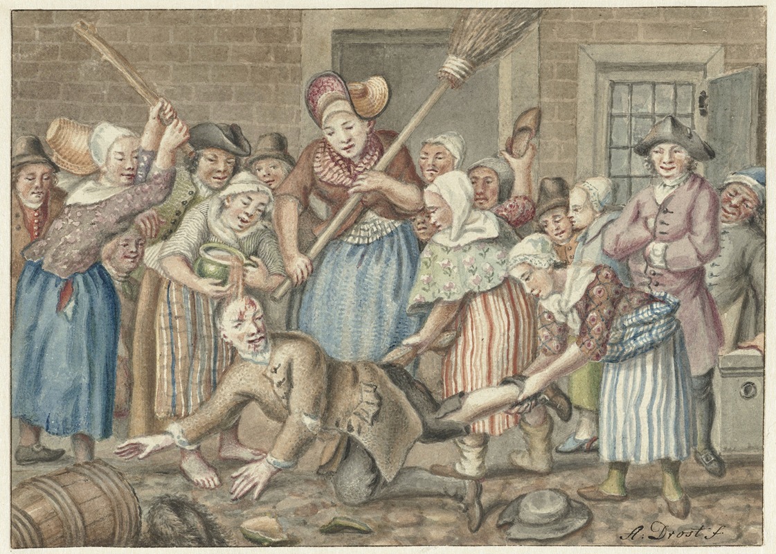 Anthonie Drost - Een man die zijn vrouw had geslagen wordt in de Vinkestraat te Amsterdam door een groep vrouwen bestraft, 1768