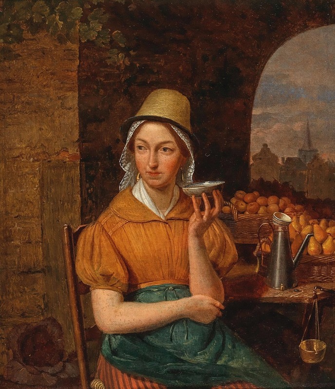 Antwerp School - A Fruit Seller with a Town in the Background