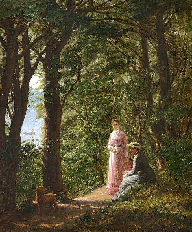 August Schiøtt - To kvinder og en hund på en skovsti med udsigt mod havet en sommerdag